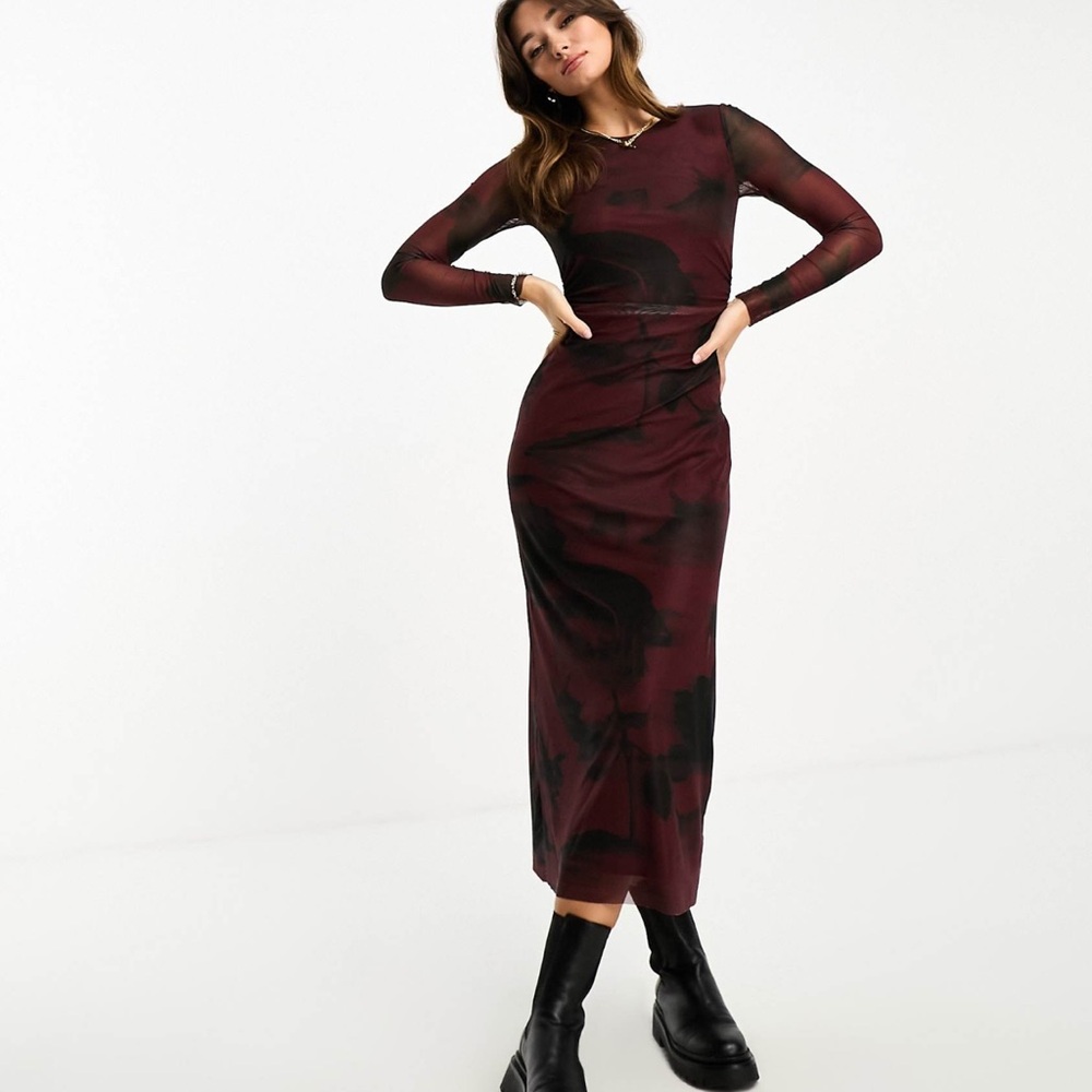 Stradivarius Floral Mesh Maxi Dress in Burgundy and Black